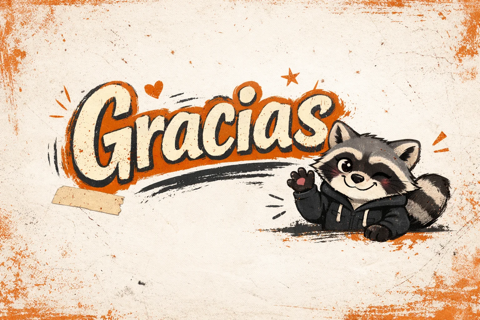 Cartel ilustrado con un mapache y la palabra «Gracias», estilo imperfecto y gamberro