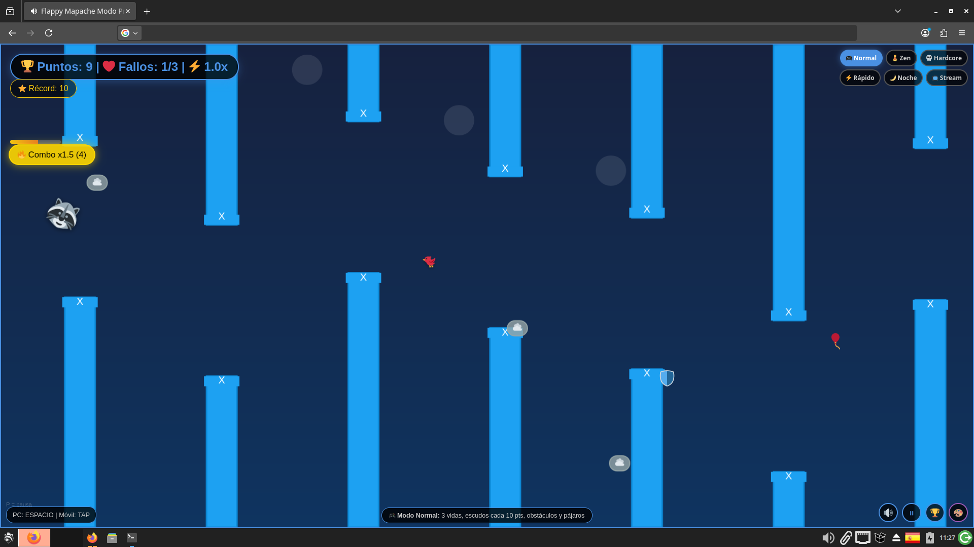 Captura de pantalla de Flappy Mapache en PC: el mapache esquivando tubos de X.com