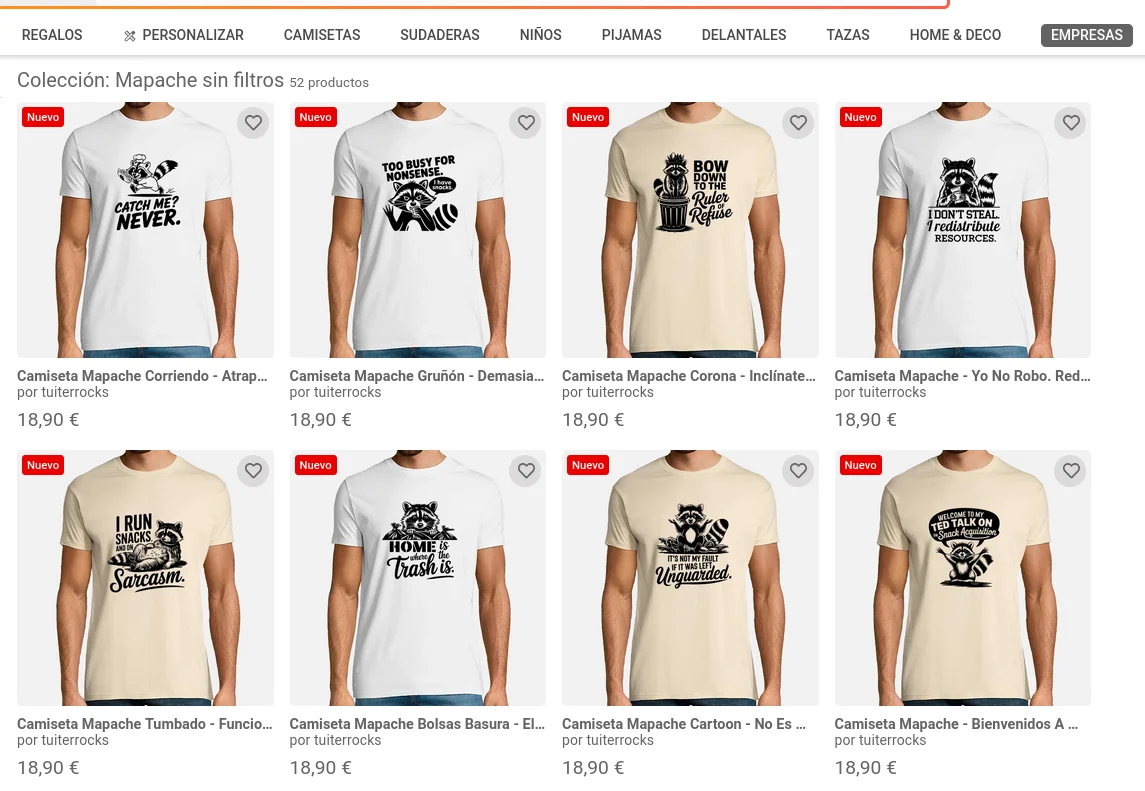 Vista de la colección Mapache sin filtros en la tienda de TuiterRocks